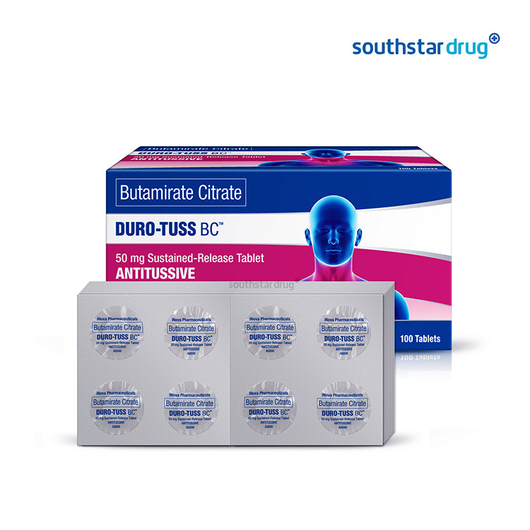 Box of Butamirate Citrate DURO-TUSS BC tablets with Southstar Drug branding on a white background.